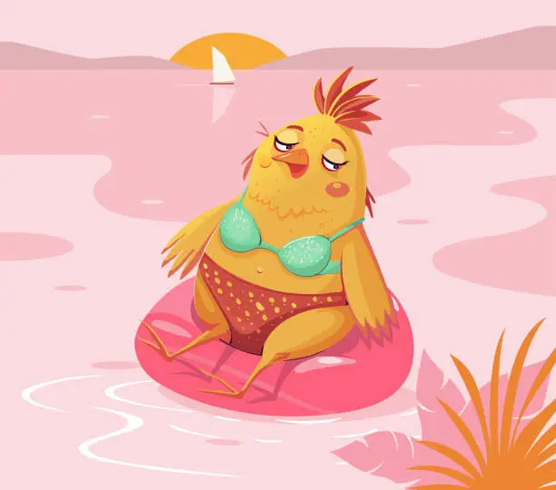 Vector illustration of Chicken on the beach.