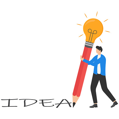 Business idea concept, businessman drawing with bulb pencil, creating idea