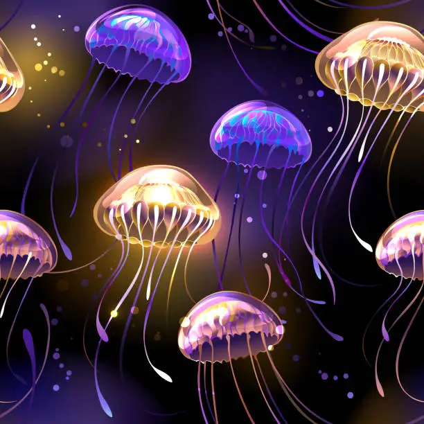 Vector illustration of Seamless with glowing jellyfish