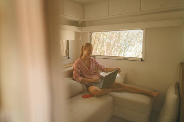 istock Young woman in her camper van using a laptop 2132589947