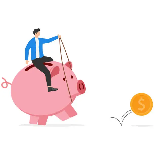 Vector illustration of Best investment, money working for you or mutual fund return, savings or wealth management, searching for yield concept, businessman investor walking savings piggy bank hunting for dollar money return.