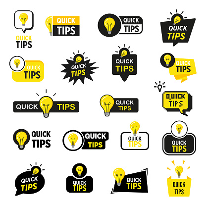 Quick tips sticker set. Quick tips badge with lamp.