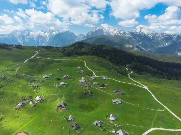 Photo of Aerial View of Mountain Cottages on Green Hill of Velika Planina Big Pasture Plateau, Alpine Meadow Landscape, Slovenia