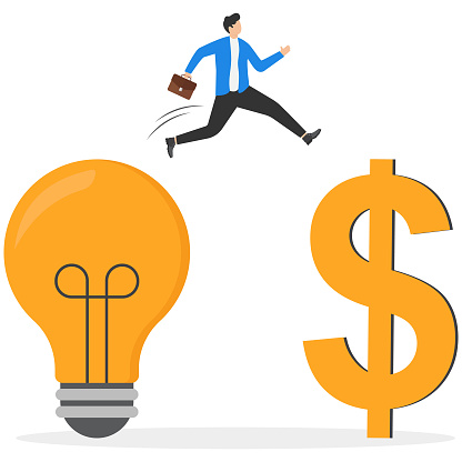 Business idea to make money, innovation and creativity to make profit, investment or financial planning concept, smart businessman with lightbulb idea in his hand and money dollar sign on other hand.