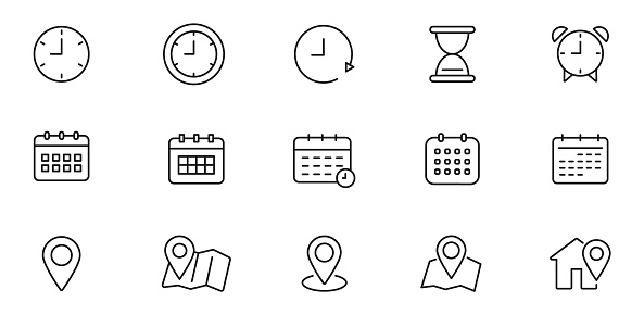 Time, date and address line icon set. Clock, calendar, location pin. Editable stroke. Vector illustration.