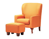 Cozy orange sofa with footrest isolated on white background