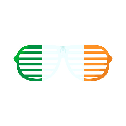 Fashionable retro glasses with Stripes shaped frames painted in Irish flag colors. Holiday party accessory, Happy Patrick party element. Simple cartoon vector isolated on white background