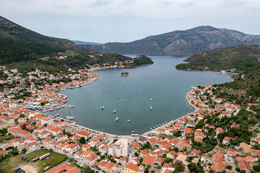 Aerial view of Vathi, the largest settlement on the Greek Ionian island of Ithaca