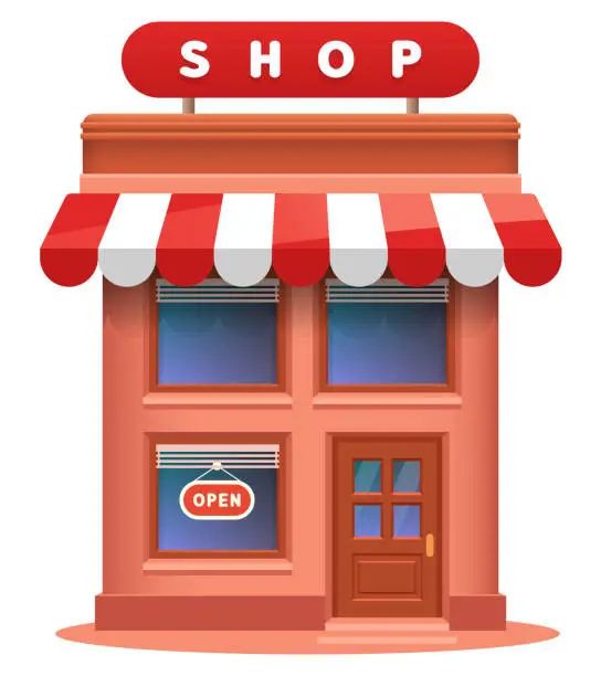 Vector illustration of Two-story store. Shop with brick wall. Vector 3D clipart isolated on white background.