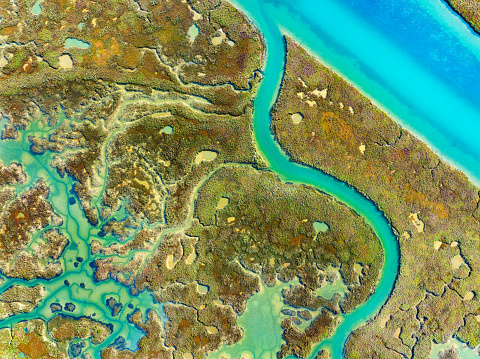 Tavira drone aerial view Atlantic ocean tides on the river in Algarve of Portugal
