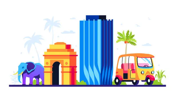 Vector illustration of Old and new architecture of India - colored vector illustration