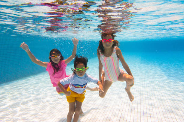 istock Kids jump into swimming pool. Summer water fun. 2132660603