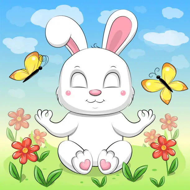 Vector illustration of A cute cartoon white rabbit is meditating in nature.