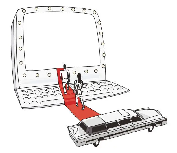 Vector illustration of influencers getting out of the limousine and entering the computer screen on the red carpet