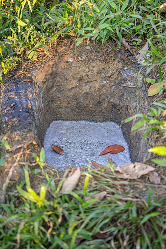 Creation of a raw rubber bale in a hole in the ground in a plantation of rubber trees, Hevea brasiliensis outside the Mount Leuser National Park close to Bukit Lawang in the northern part of Sumatra