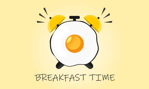 illustrazioni stock, clip art, cartoni animati e icone di tendenza di sveglia con uovo fritto. concetto di ora della colazione. illustrazione vettoriale. - prima-colazione