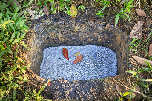 Creation of a raw rubber bale in a hole in the ground in a plantation of rubber trees, Hevea brasiliensis outside the Mount Leuser National Park close to Bukit Lawang in the northern part of Sumatra