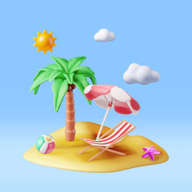 illustrations, cliparts, dessins animés et icônes de 3d deck chair, swim ball, starfish and palm tree. - beach tropical climate palm tree deck chair