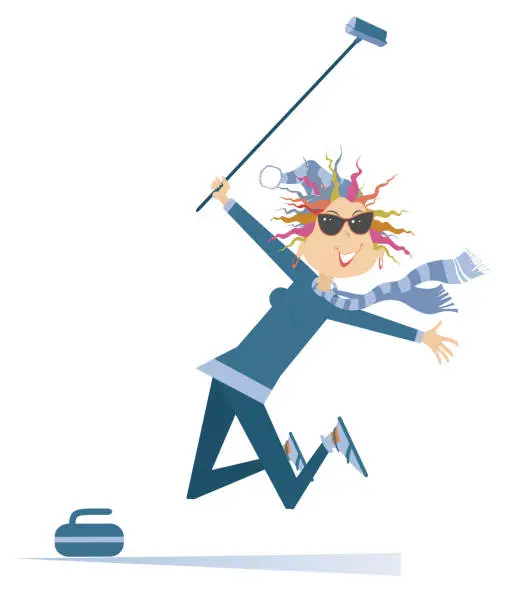 Vector illustration of Happy young woman plays curling