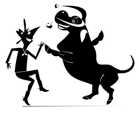 Cartoon farmer or cowboy dancing with a bull. Black and white illustration