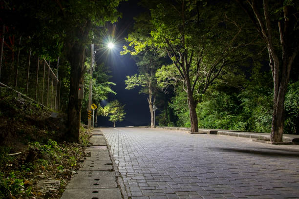 Full moon over quite village at night. Beautiful night landscape of old town street with lights
