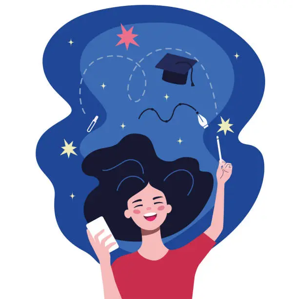 Vector illustration of Online education concept. Happy girl in imagination and freedom inspiration. Creative or educational process. Flat style cartoon vector illustration.