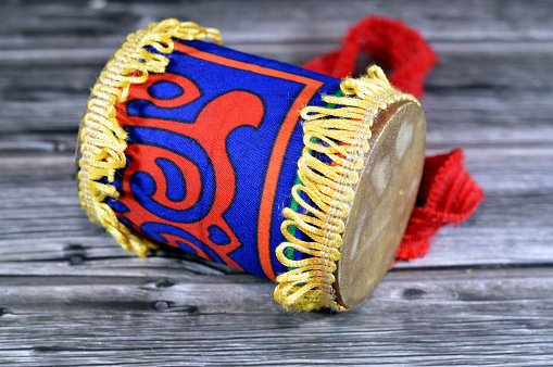 A Ramadan Decoration of a Mesaharaty drum covered with Kheyamiya cloth, Mesaharati is Ramadans traditional pre-dawn drummer, awakens people to eat the suhoor meal (last meal before fasting), selective focus