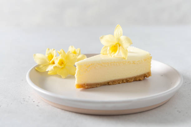 istock Classic New York cheesecake with fresh vanilla flower on white concrete background, side view. A piece of Vanilla cheesecake on a white plate. Confectionery menu, recipe. Close up 2132777554