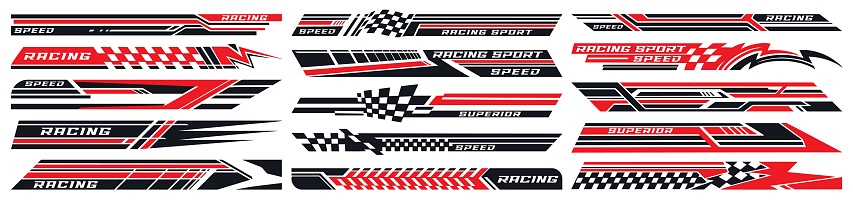 Motorsports racing set emblems colorful with cool options for tuning fast cars participating in extreme automobiles tournaments vector illustration