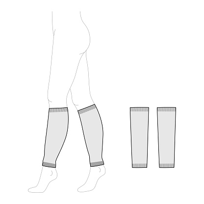 Leg Warmer Loose long Socks footless hosiery knee high length. Fashion accessory clothing technical illustration stocking. Vector front, side view for Men, women style, flat template CAD mockup sketch