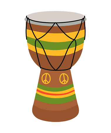 Tomtom drum made of brown wood with a peace sign. Djembe drum African musical instrument. Isolated on a white background. Vector illustration. National instrument of Jamaica, reggae music.