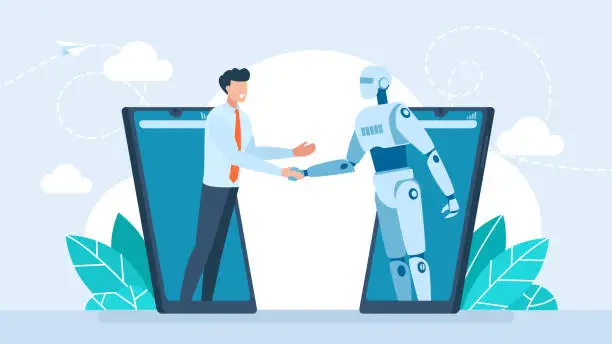 Vector illustration of Handshake of man and robot in mobile. Ai robot and businessman shaking hands. Partnership between man, humanoid robots. Online collaboration between human, artificial intelligence. Vector illustration