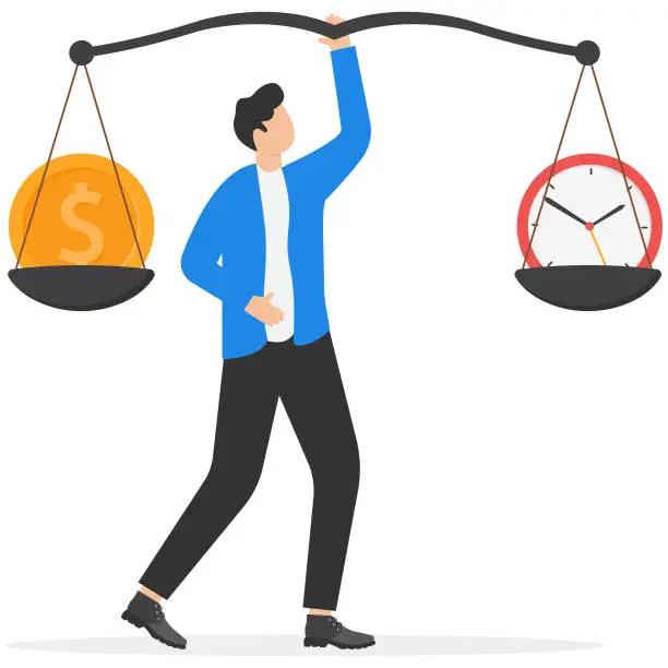 Vector illustration of Time and money balance, weight between work and life, long term investment or savings, control or make decision concept, cheerful businessman balance between time clock and dollar money on seesaw.