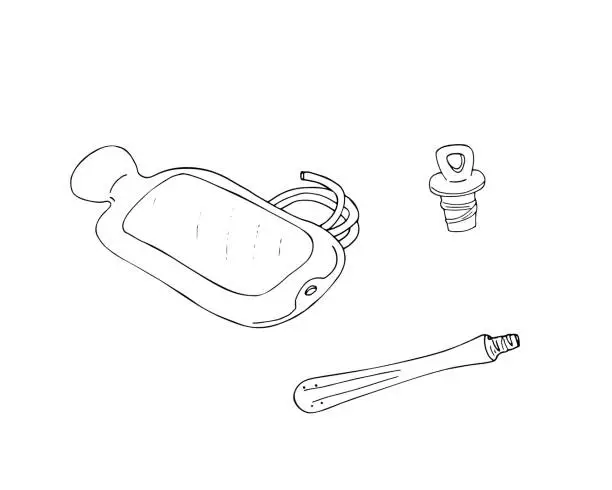 Vector illustration of Hand-drawn Enema with a heating pad. Vector doodle illustration. Aid lavement clysis tube on white backdrop.