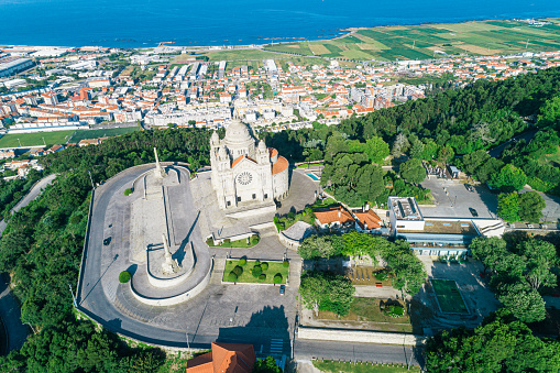 basilica of Santa Luzia in Viana do Castelo, famous catholic temple in Portugal. Aerial drone view