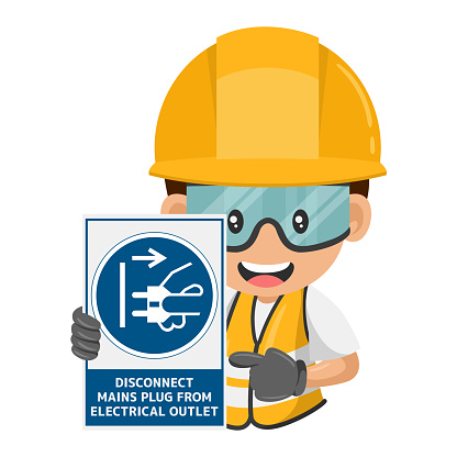 Industrial worker with mandatory sign disconnect mains plug from electrical outlet. Disconnecting the mains plug for the purposes of maintenance. Industrial safety and occupational health at work