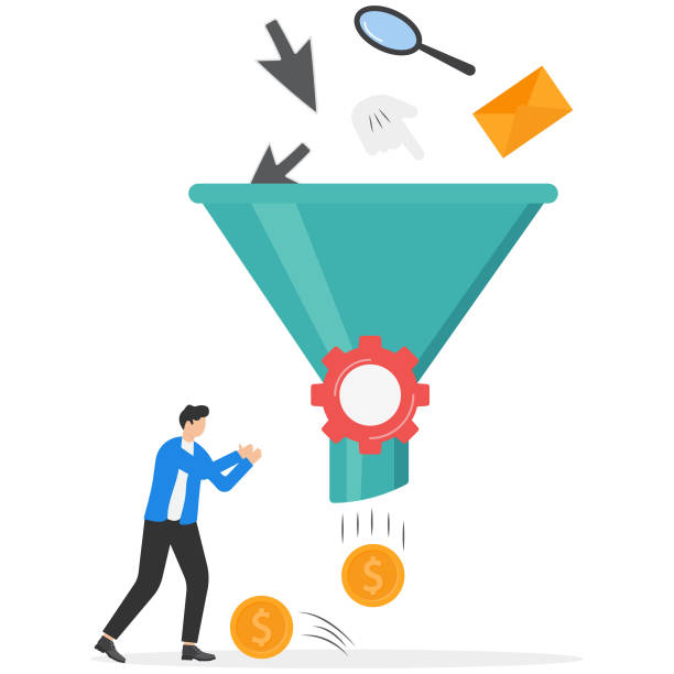 istock Sales funnel or online marketing conversion rate, customer flow from awareness, click and purchase product on e-commerce website, businessman stand with money coin from sales funnel. 2132810089