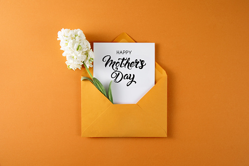 Mother’s day concept flowers in orange colored envelope with greeting card on orange colored background