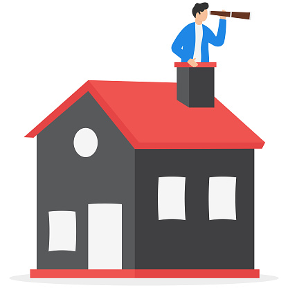 Real estate and housing investment opportunity, property growth forecast or vision, future mortgage or Reit profit concept, businessman investor with telescope climb up house chimney to see vision.