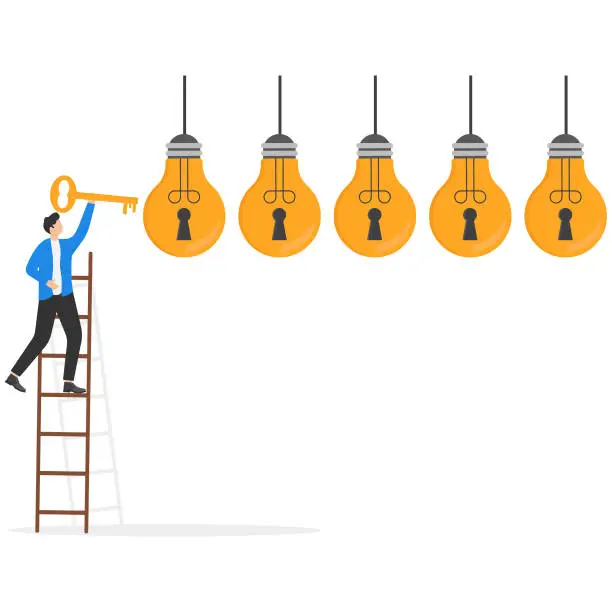 Vector illustration of Unlock new business ideas, invent new products or creativity concepts, smart businessman holding golden key about to insert into key hold on lightbulb idea lamp.