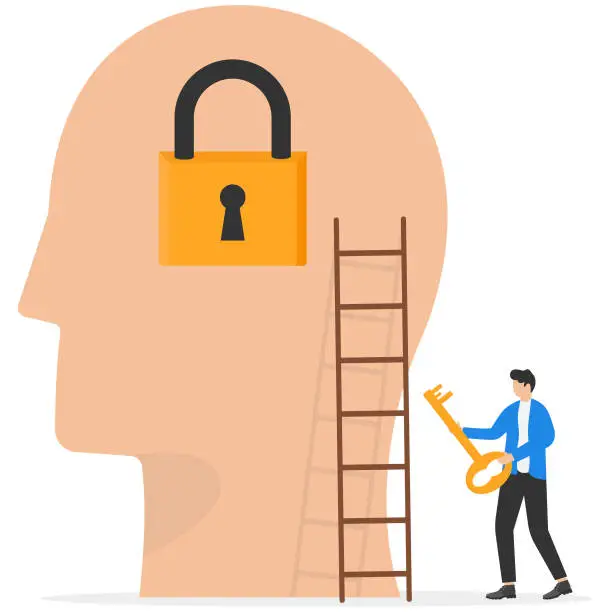 Vector illustration of Unlock business ideas, motivation to find out and search for business opportunities or creativity concepts, businessmen hand holding secret key to unlock ideas on the human head.