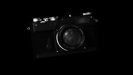 Camera lens old vintage retro film black white photography background 3d illustration render digital rendering