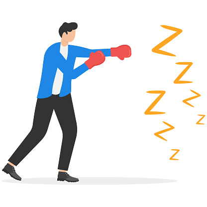 Procrastination and laziness, productivity and professionalism to fight with resistance and sleepy concepts, alert businessmen have some coffee wearing boxing gloves to fight with lazy sleepy symbols.