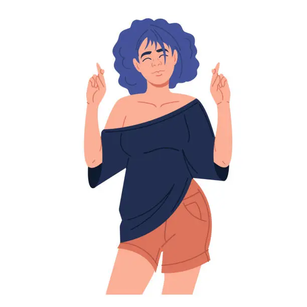 Vector illustration of A happy young girl with blue hair, eyes closed and fingers crossed on her hands