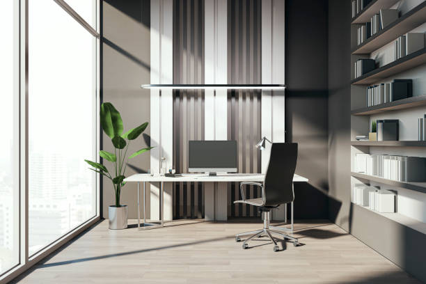 istock Modern office or library workplace with window and city view, empty mock up computer, sunlight, pot with plant, books and other items. 3D Rendering. 2132837732