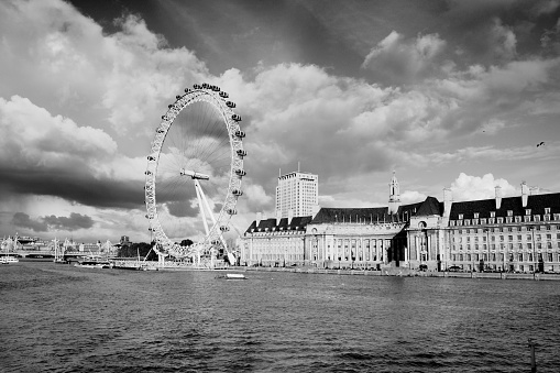 Panoramic view on London Eye Ferris Wheel and County Hall and Westminster Palace with Big Ben Parliament building at Thames River in London city in UK