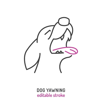 Dog yawning. Dogs yawn. Canine drowsiness icon, pictogram, symbol. Doggy tiredness. Veterinarian concept. Editable isolated vector illustration in outline style on a white background