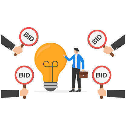 Auctioning bids for new idea technology, patent and innovation concept, Businessmen hold bid signs for auction, competition for big deals