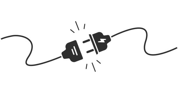 ilustraciones, imágenes clip art, dibujos animados e iconos de stock de enchufe eléctrico, enchufe, desconecte, cable de conexión, icono de cable ilustración gráfica simple, idea de error de falla, página web 404, blanco negro, electricidad, corte de energía, red de circuito que deja de funcionar imagen - electricista