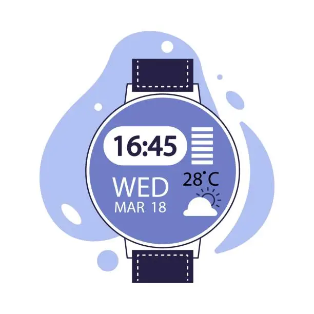 Vector illustration of Wristwatch with calendar and weather forecast.